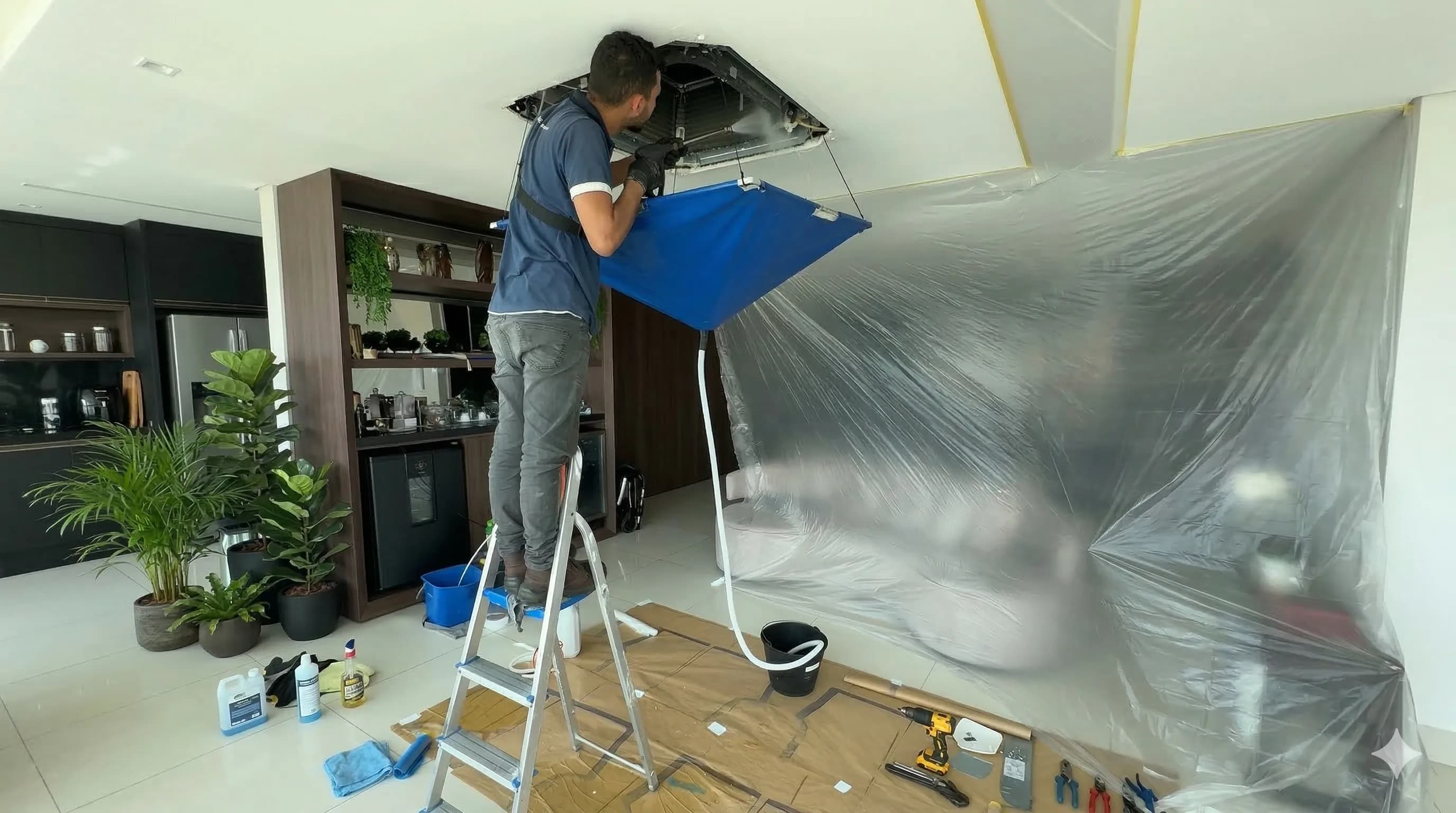 Técnico realizando manutenção preventiva de ar condicionado — PMOC em ação